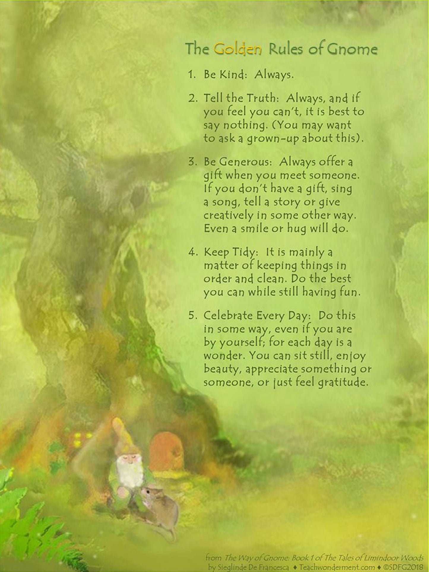Golden Rules of Gnome postcard – five gnome rules of kindness, honesty, generosity, gratitude, and tidiness.