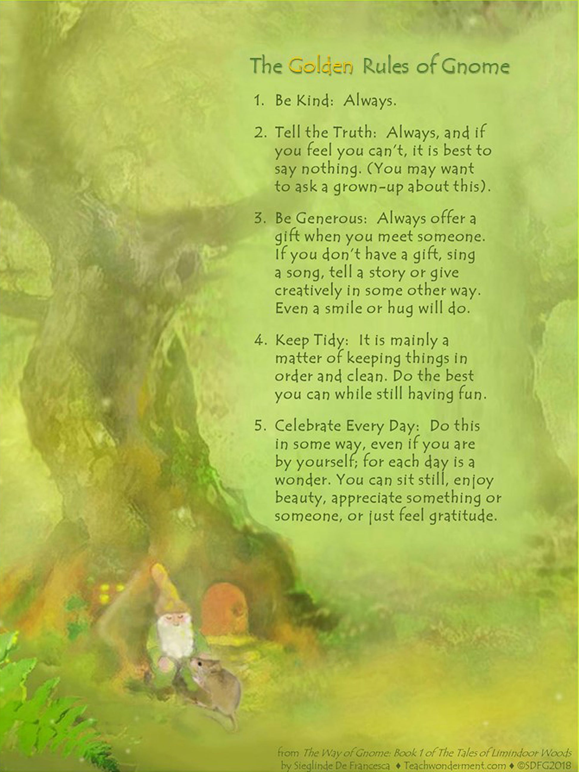 Golden Rules of Gnome postcard – five gnome rules of kindness, honesty, generosity, gratitude, and tidiness.