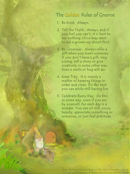 Golden Rules of Gnome postcard – five gnome rules of kindness, honesty, generosity, gratitude, and tidiness.